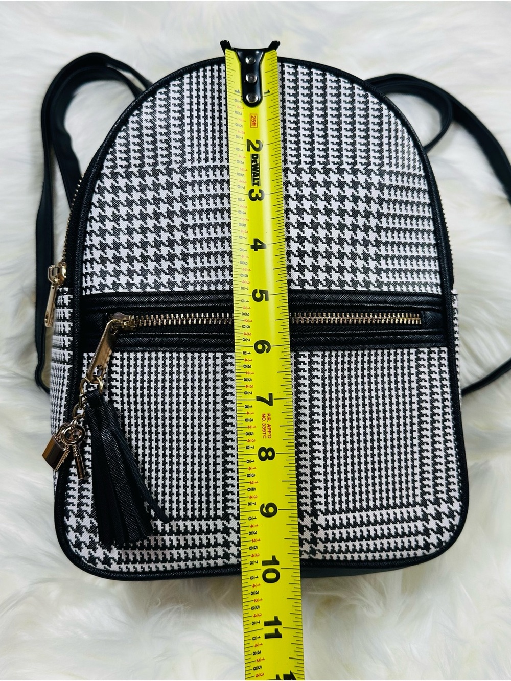 Claire's Black & White Houndstooth Mini Backpack with Gold Tassel - Picture 7 of 8